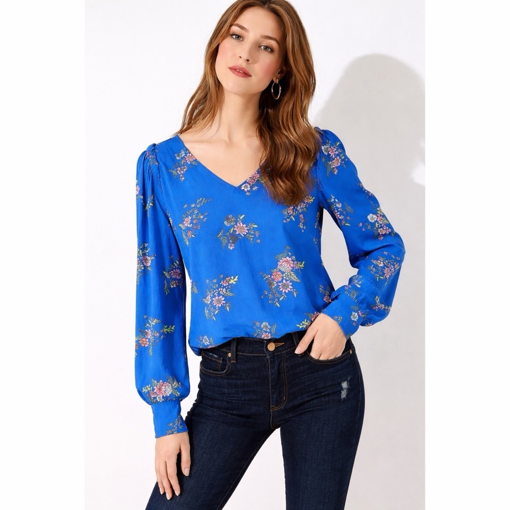 LOFT Blue Floral V-Neck Blouse Long Sleeve Rayon Size M